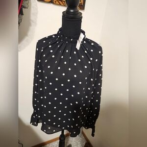 BRAND NEW Loft Petite Polka Dot Blouse - Small Black Bell Cuff Ruffle Blouse